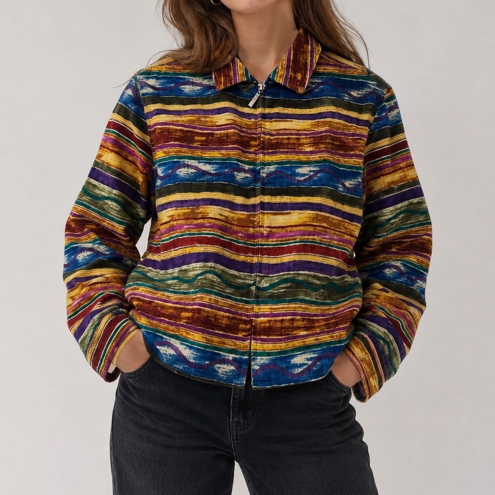 Coldwater Creek Multi Color Striped Zip‎ Up Corduroy Jacket Petite Small L3